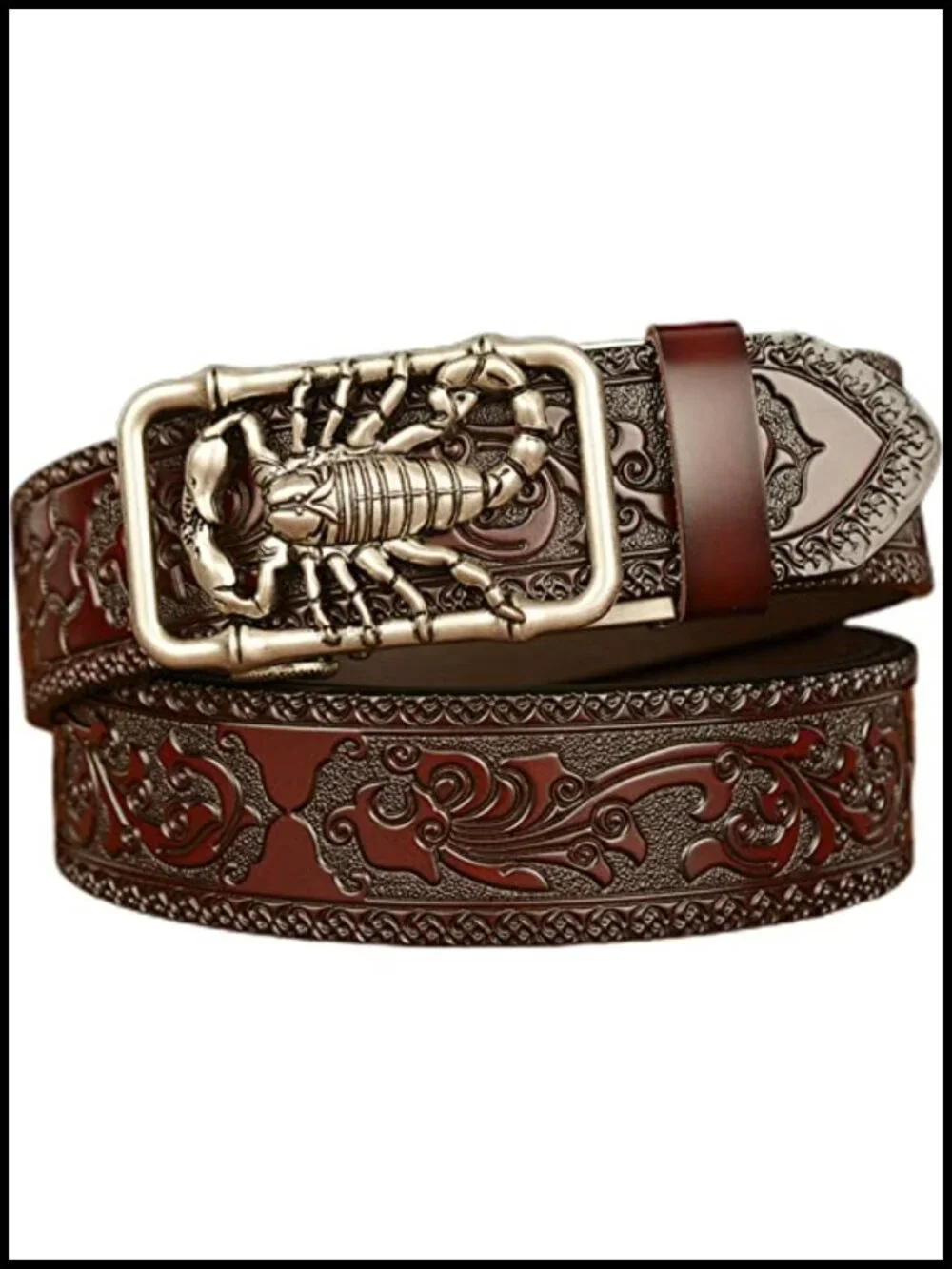 Men's Genuine Leather Ratchet Dress Casual Adjustable Belt 3D Scorpion Buckle